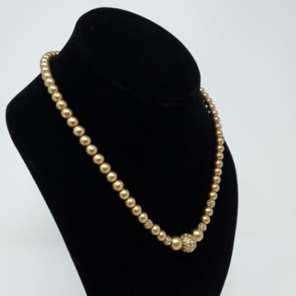 Carolee Gold Tone Faux Pearl & Pave Ball Necklace – 18” Classic Elegant Style - Picture 3 of 7